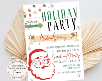 May include: A printable Christmas party invitation featuring a red and white illustration of Santa Claus, green and red candy canes, and the text "Holiday Party friendsmas" in a festive font. The invitation includes details for the party, including the date, time, location, and RSVP information.