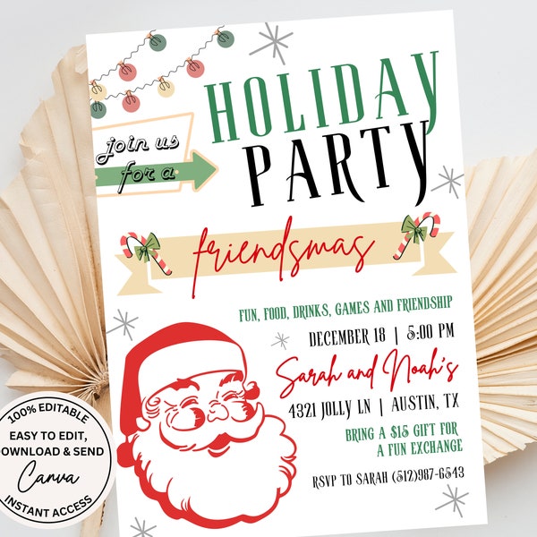 Friendsmas Einladung, Retro Urlaub Party einladen Friendsmas Einladung Vintage Style druckbare Einladung canva Vorlage A5 und 5x7