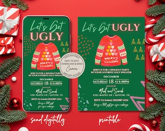 Christmas Party Invitation ugly sweater Friendsmas Invitation, Friends holiday gathering, edit template digital download