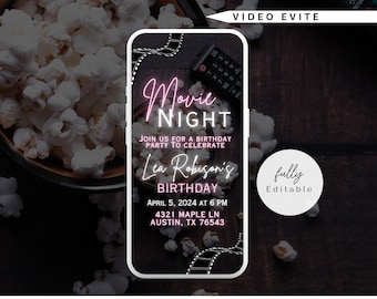 Movie Night Birthday Party Digital Invitation animated Video Birthday Party Invite, electronic invitation, girl's night in