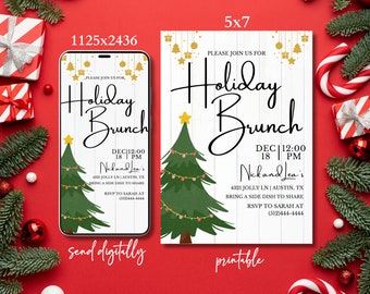 Christmas Brunch Invitation, Holiday Party Invitation, Friends Christmas Holiday Party Digital Invitation canva editable template Download
