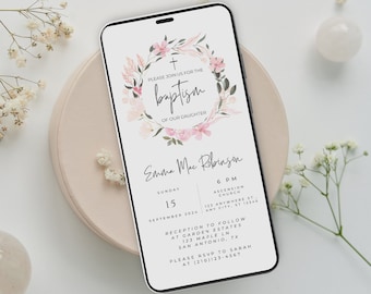 Evite Baptism, Baptism Girl Invitation, Floral Watercolor Baptism Invitation Electronic Baptism Canva Template, digital baptism invite