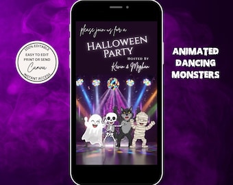 Digital Halloween Party Invitation, Animated Video Invitation, Evite Halloween Bash, Costume Party, Editable Canva Template