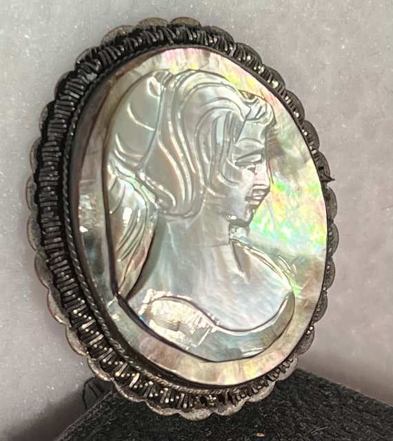 Victorian Silver Hand-carved Abalone Cameo Pin Br… - image 1