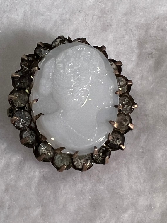 1800’s Milk Glass Cameo surrounded by brilliant clear Paste, Antique Pin Brooch