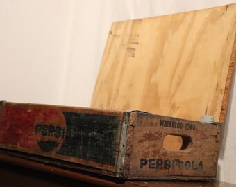 Caisse divisée en bois Pepsi vintage avec couvercle