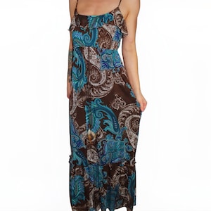 Long Boho Dress With Ruffles- Blue & Brown Paisley Print Flowy Long Dress- Size 7 - Made in USA