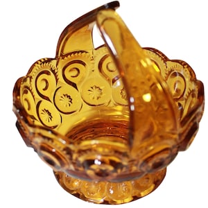 Vintage L.E. Smith Moon and Star Amber Glass Candy Dish - Pedestal Bowl with Broken Handle - Retro Boho Decor, Mid-Century Glass Collectible
