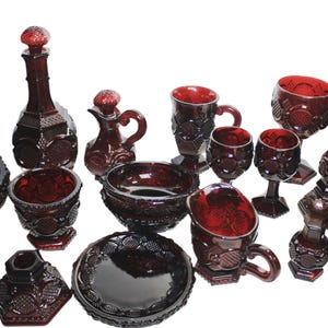 Avon Cape Cod Collection Vintage Dinnerware Ruby Red Glassware 1970s Priced individually Pressed Glass Roman Rosette Pattern Deep Red