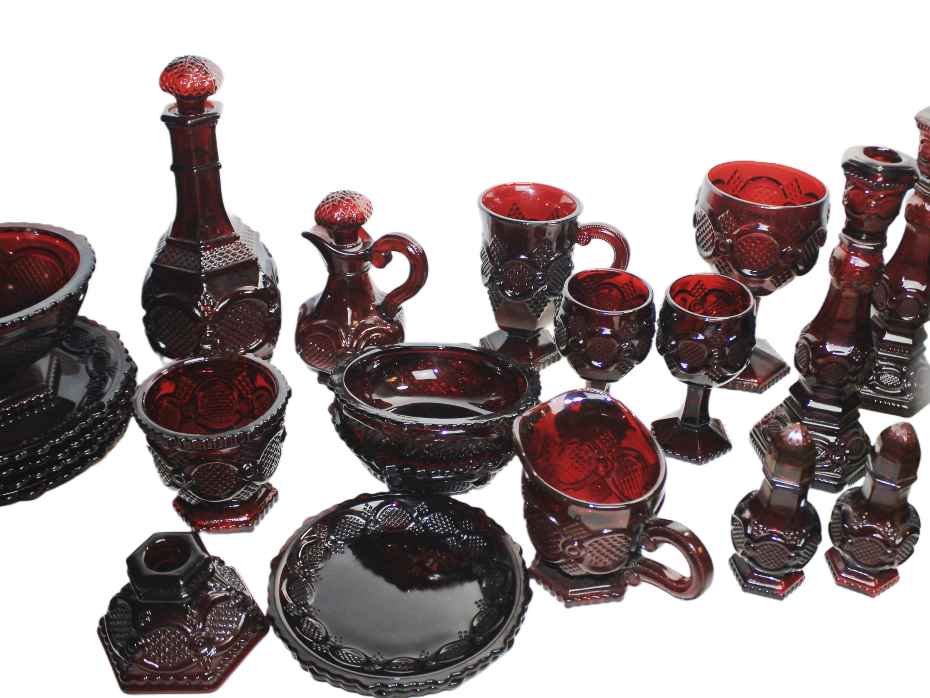 Avon Cape Cod Collection Vintage Dinnerware Ruby Red Glassware 1970s Priced individually Pressed Glass Roman Rosette Pattern Deep Red