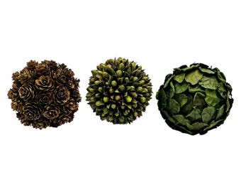 Set of 3 Preserved Pinecone and Oak Leaf 4 inch Topiary Balls Vase Filler Bowl Filler, Decorative Orbs, Centerpiece Accent New Home Gift