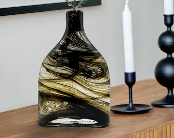 Unique Handmade 10 inch Black and White Swirl Design Handblown Glass Bottle Vase for Flowers , Home Decor, Gift for Her, Housewarming Gift