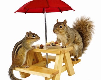 Squirrel Feeder Table with Umbrella - Wooden Squirrel Picnic Table Feeder with Corn Cob Holder & Bowl