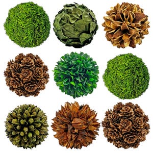 May include: Nine decorative spheres in a grid pattern. The spheres are made of various natural materials, including green moss, leaves, pinecones, and dried seed pods. The spheres vary in color from green and brown to tan.
