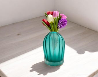 Unique Handmade 8 inch Handblown Glass Cylinder Vase with Ridges for Flowers in Turquoise , Home Decor, Gift for Her, Housewarming Gift