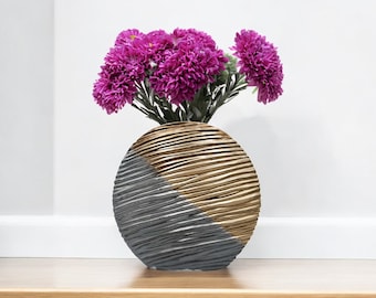 Handmade Ceramic Vase: 12" Round Porcelain Pottery, Brown & Gray Decor