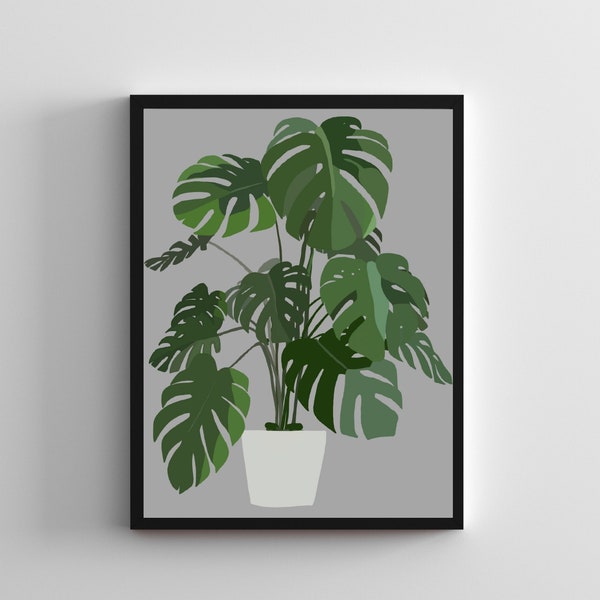 Grey plant print, wall art, digital download, potted plant print, Monstera Deliciosa, Living room prints, bedroom prints, free download