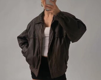 Women 80's Handmade Oversized Retro Bomber Brown Leather Jacket, Women Oversize Genuine brown Leather Jacket, ladies jacket, Gift for her
