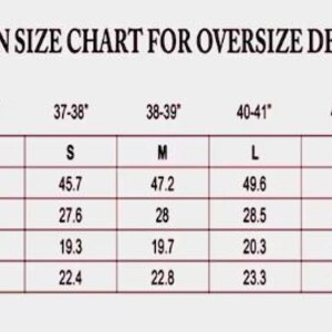 May include: A size chart for women's oversized jackets, showing the corresponding jacket size, bust, length, shoulder, and sleeve measurements in inches for different chest sizes.