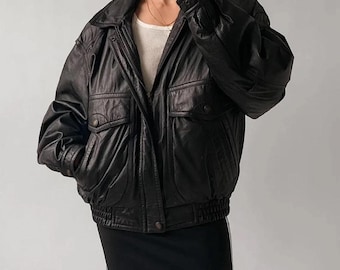 90s Women Vintage Oversized Jacket, Oversized Lambskin Leather, Women Classic black Leather jacket, Christmas Gift, Birthday gift