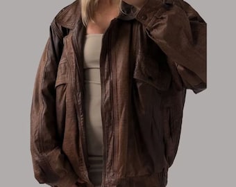 Women 80's Handmade Oversized Retro Bomber Brown Leather Jacket, Ladies Brown Leather Jacket, Ladies Jacket, Best Christmas gift for her