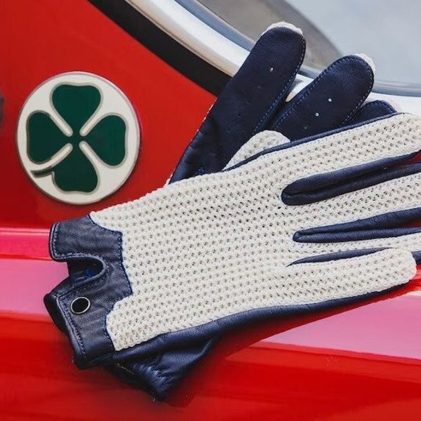 Gants de conduite en cuir pour hommes, filet de course de voitures en filet, dos ficelle, gants de conduite bleus et crochet, meilleur cadeau pour lui