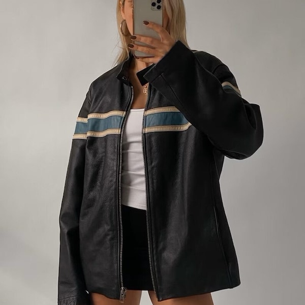 Veste oversize vintage des années 90, veste droite surdimensionnée vintage pour femmes, veste en cuir surdimensionnée pour femmes, veste de motard pour femmes, cadeau pour elle