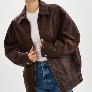 Blouson en cuir marron vintage oversize pour femme, blouson aviateur en cuir d'agneau, veste en cuir bouffante pour femme, veste en cuir marron, cadeau pour elle