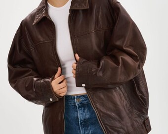 Women's Oversize Vintage Brown Leather Jacket, Lambskin Bomber Jacket, Ladies Baggy Style Leather Jacket, Brown Leather Jacket, Gift For Her