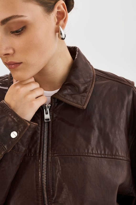 Women's Oversize Vintage Brown Leather Jacket, Lambskin