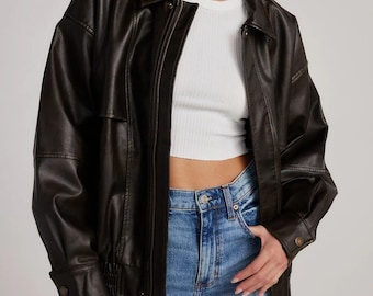 90’s Retro Jacket, Vintage Leather Jacket, Oversized Leather Jacket, Y2K Leather Jacket, Oversize Jacket, Women Leather Jacket, Gift For Her