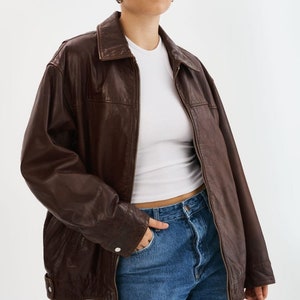 Blouson en cuir marron vintage oversize pour femme, blouson aviateur en cuir d'agneau, veste en cuir bouffante pour femme, veste en cuir marron, cadeau pour elle
