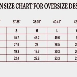 May include: A size chart for women's oversized designs. The chart includes chest size, jacket size, jacket bust, length, shoulder, and sleeve measurements in inches. Sizes range from XS to 2XL.