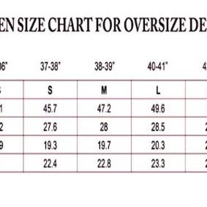 May include: A size chart for women's oversized jackets, showing measurements in inches for chest size, jacket size, jacket bust, length, shoulder, and sleeve.
