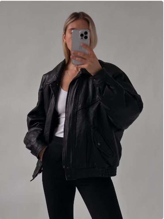 Women 80's Handmade Oversized Retro Bomber Jacket, Real Sheepskin Leather Jacket, Casual Wear Oversize Ladies Leather Jacket, Gift For Her