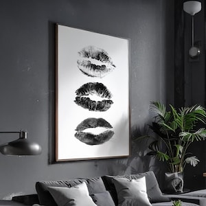 Lippen Kuss Druck Schwarz, schwarze Lippen trendige Wandkunst, Kuss Lippen Wand Kunst Druck, Y2k schick Mode Zimmer Dekor, Mädchen druckbare digitale Wandkunst