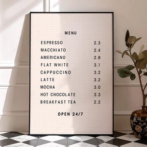 Coffee Menu Poster, Coffee Shop Board Print, Coffee Poster, Kitchen Decor, Cosy Cafe Decor, Coffee Shop Price List Poster, Digital Download