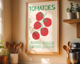 Tomato Kitchen Wall Art, Vintage Food Print, Retro Food Poster, Mediterranean Kitchen Decor, Botanical Tomato Illustration, Digital Download
