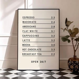 Coffee Board Menu Poster, Beige Coffee Wall Art, Modern Trendy Home & Kitchen Decor, Coffee Price Poster, Digital Printable Coffee Wall Art
