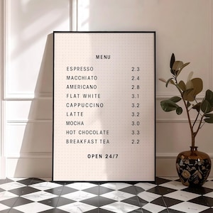 Poster con menù del bar, stampa per bar, poster con pannello forato per bar, arredamento alla moda per la cucina, poster con listino prezzi per bar, download digitale