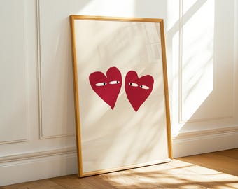 Couple Heart Print - Hand Drawn Illustration Love Wall Art, Red Bedroom Decor, Valentines Print, Digital Download