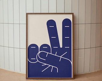 Blue Peace Sign Print, Hand Sign Poster, Cool Modern Wall Decor Digital Download