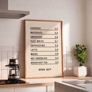 Può includere: Una lavagna menu incorniciata con sfondo beige mostra le opzioni di caffè e i prezzi. Il menu include espresso, macchiato e cappuccino. Il testo "OPEN 24/7" è in basso. Sono visibili una caffettiera e una pianta.