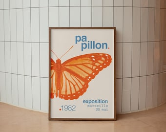 Butterfly Poster, Vintage French Wall Art Print, Orange Butterfly Exhibition Poster, Mid Century Modern Home Decor, Digital Download