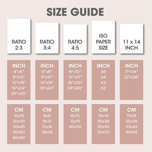 May include: A size guide chart with the title "SIZE GUIDE". The chart displays paper sizes in inches and centimeters, including ratios like 2:3, 3:4, and 4:5, and ISO paper sizes such as A5, A4, A3, and A2.