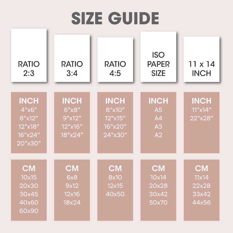 May include: A size guide chart with the title "SIZE GUIDE". The chart displays paper sizes in inches and centimeters, including ratios like 2:3, 3:4, and 4:5, and ISO paper sizes such as A5, A4, A3, and A2.