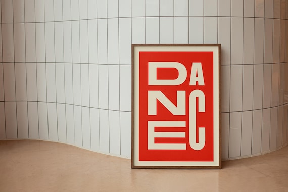 Dance Wall Art Print, Bold Typography Poster, Minimalist Red & Cream Modern Decor, Retro Graphic Art Digital Download