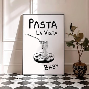 Impresión de pasta, Pasta La Vista Baby, Arte mural para cocina italiana acogedora, Tazón de pasta con espaguetis, Arte gastronómico divertido, Póster minimalista moderno dibujado a mano