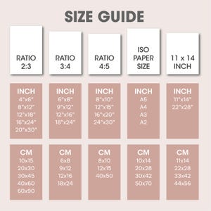 May include: A size guide chart for prints with different aspect ratios and sizes. The chart includes inch and centimeter measurements for each size. The chart also includes standard ISO paper sizes.