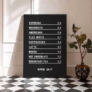 Póster de menú de café negro, arte mural de pizarra de cafetería, decoración de cocina moderna en blanco y negro, lista de precios de cafetería, arte imprimible, descarga digital